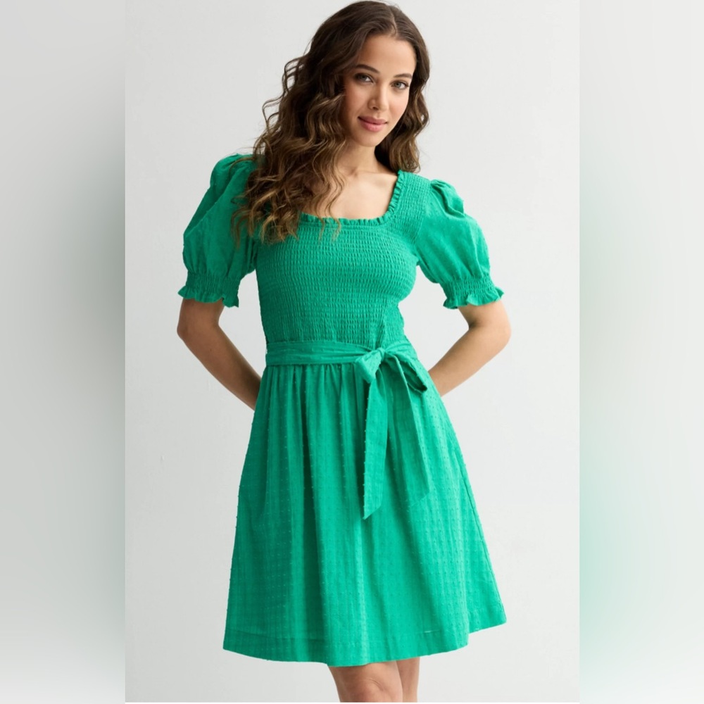 Draper James Green Puff Sleeve Cotton Dress sz S NWT $70